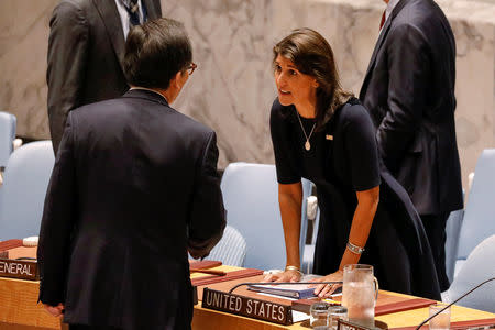 U.S. Ambassador to the United Nations Nikki Haley speaks with South Korean Ambassador to the U.N. Cho Tae-Yul before the start of a United Nations Security Council meeting about North Korea at U.N. headquarters in New York City, U.S., September 17, 2018. REUTERS/Brendan McDermid