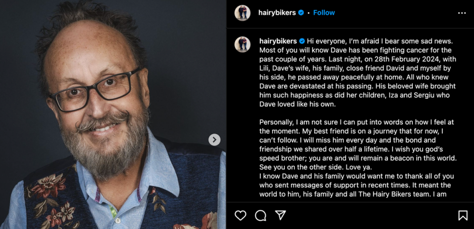 ‘Hairy Biker’ Si King announces co-star Dave Myers’s death (Instagram)