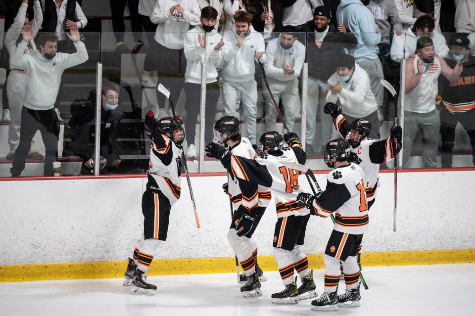 Marlborough's Jeremy Lacroix celebrates a goal against Nashoba.