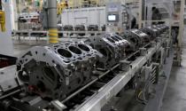 Engine casting blocks, used in a variety of General Motors cars, trucks and crossovers, move down the assembly line at the GM Romulus Powertrain plant in Romulus,