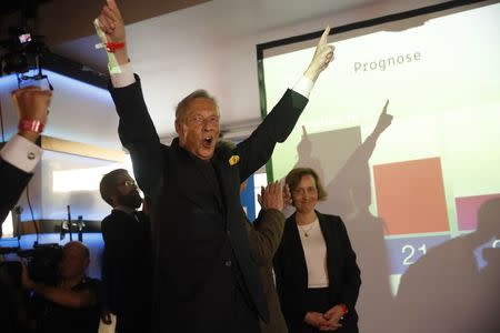 Armin-Paul Hampel of the anti-immigration party Alternative fuer Deutschland (AfD) reacts on first exit polls in the German general election (Bundestagswahl) in Berlin, Germany, September 24, 2017. REUTERS/Wolfgang Rattay