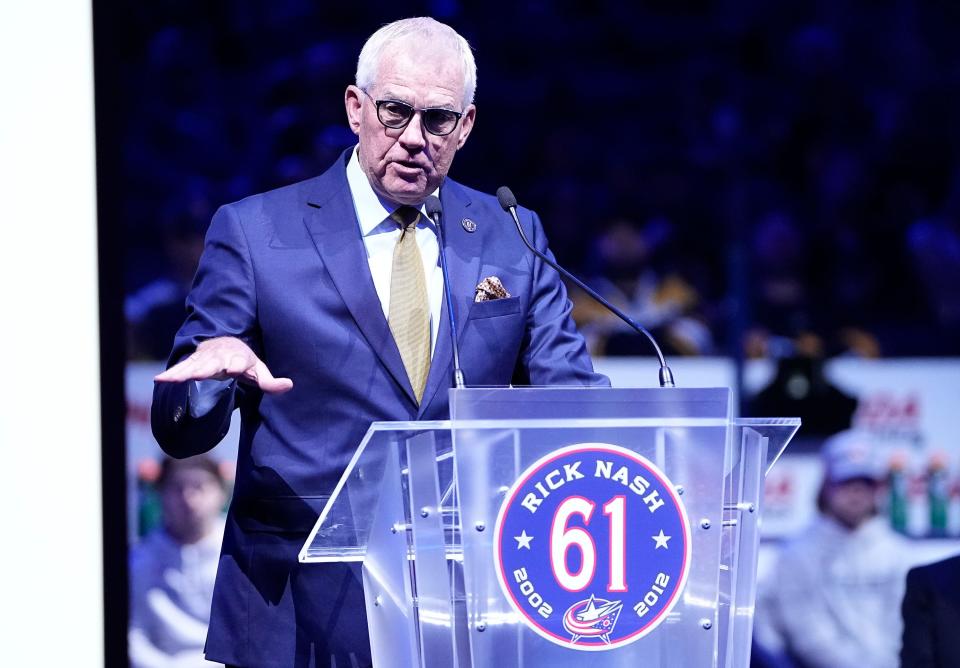 Former Columbus Blue Jackets general manager Doug Maclean speaks during the No. 61 jersey retirement ceremony for Rick Nash prior to the NHL hockey game against the Boston Bruins at Nationwide Arena in Columbus on March 5, 2022. 