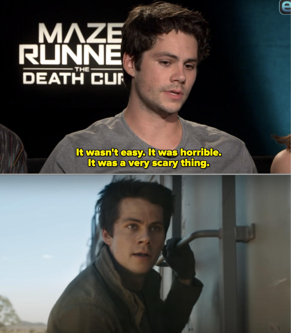 Dylan O'Brien in an interview, plus a screenshot of him hanging from a train in "Death Cure"