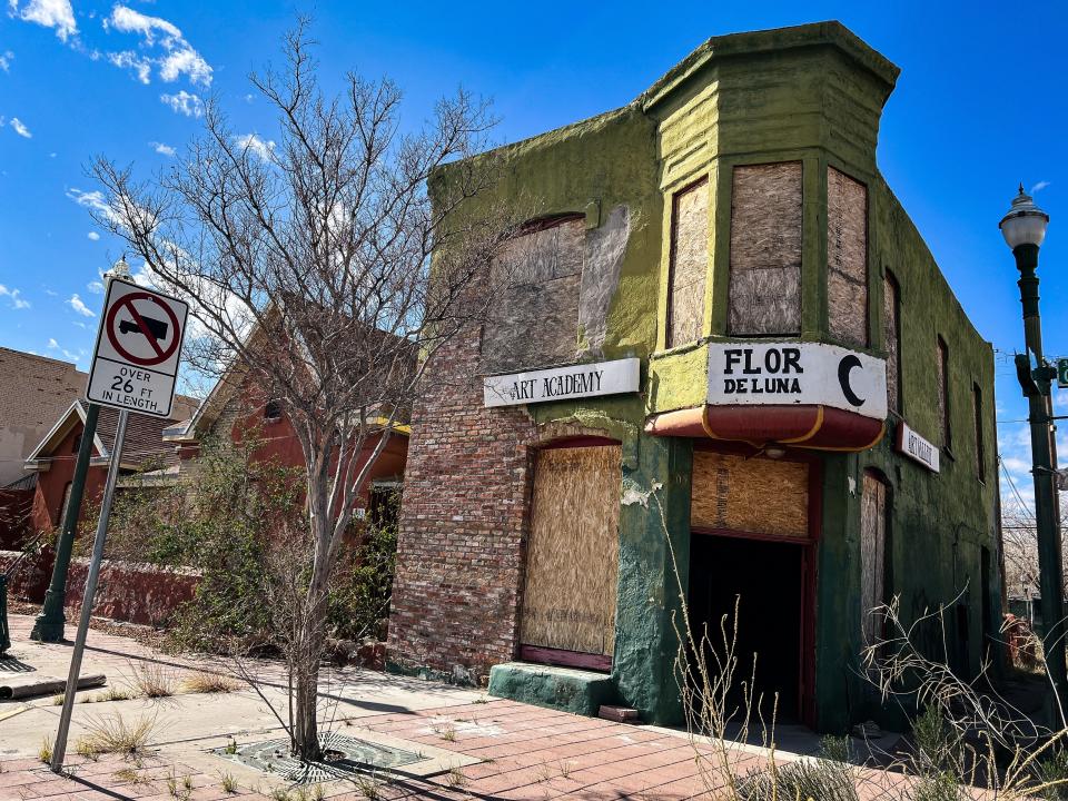 The El Paso City Council abandoned plans to build a multipurpose arena in Union Plaza's Duranguito neighborhood but still might consider building it in the Downtown area. The former Flor de Luna art gallery in Duranguito is shown in February. Damage to the building's wall from a demolition attempt has been repaired and plywood was used to partially secure and protect it.