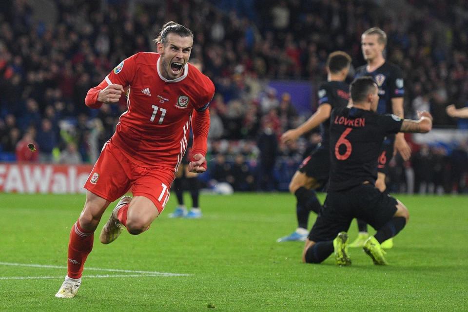 Gareth Bale of Wales celebrates scoring his team's first goal during the UEFA Euro 2020 qualifier between Wales and Croatia at Cardiff City Stadium (Getty Images)