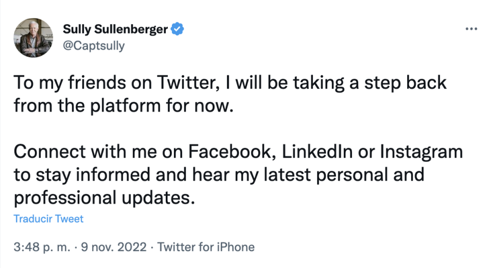 Mr Sullengber gave the news on the social media platform (Twitter)