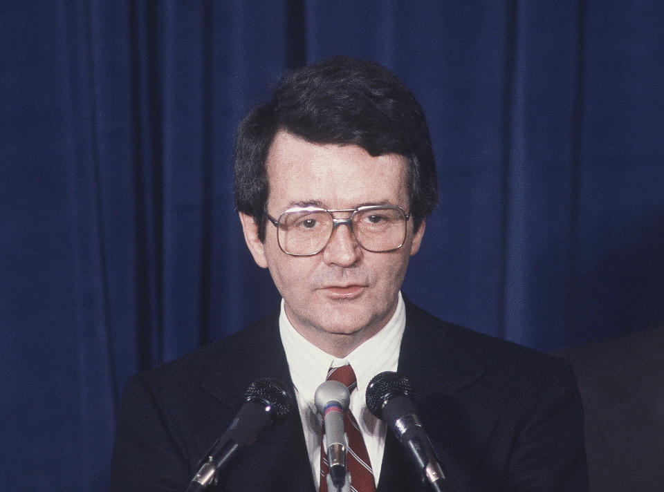 FILE - Then-Labor secretary Raymond Donovan, a Reagan nominee, speaks Monday, Dec. 23, 1980 in Washington. Donovan, a construction company executive who resigned as secretary of the U.S. Department of Labor, died Wednesday, June 2, 2021. He was 90. (AP Photo/Taylor, file)