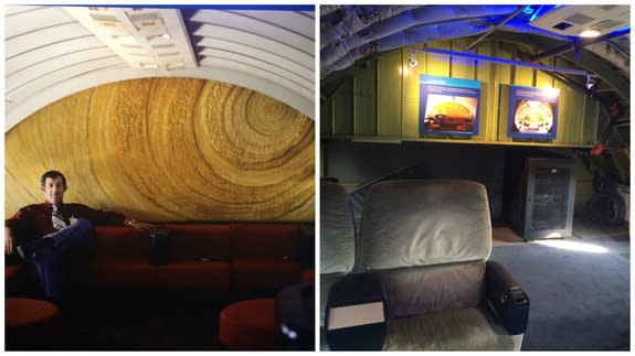 Left, the lounge of the 747 jetliner that would become NASA's 905 aircraft, used to ferry the spaceshuttle around the United States. On the right, the same area of the plane today.