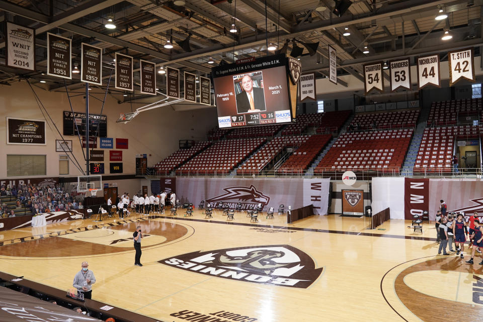  St. Bonaventure pays tribute to Dennis R. DePerro before a game against Dayton on March 1. (Photo courtesy of St. Bonaventure athletics)                              