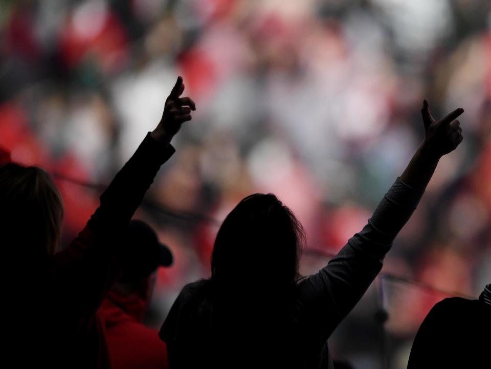 Apr 6, 2019; Minneapolis, MN, USA; Texas Tech Red Raiders fans cheer against the Michigan State Spartans in the semifinals of the 2019 men's Final Four at US Bank Stadium. Mandatory Credit: Shanna Lockwood-USA TODAY Sports