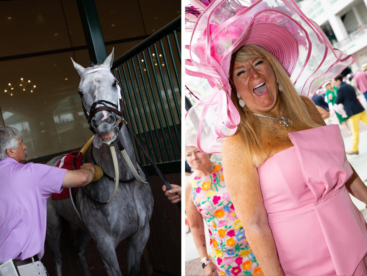 A horse is handled by caretakers in a stable; a woman in a pink dress and large hat laughs.