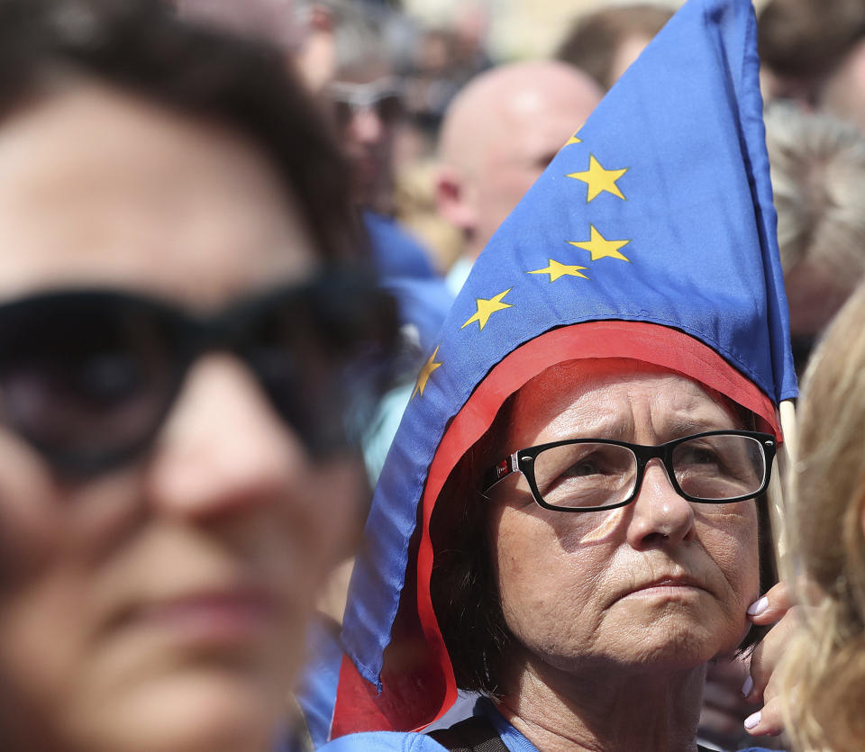 Thousands of Poles with pro-European banners march to celebrate Poland's 15 years in the EU and stressing the nation's attachment to the 28-member bloc ahead of May 26 key elections to the European Parliament, in Warsaw, Poland, Saturday, May 18, 2019. (AP Photo/Czarek Sokolowski)