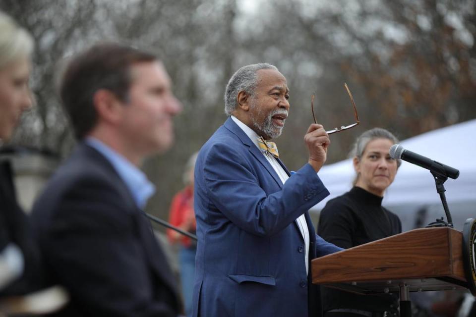 Senator Gerald Neal giving a speech during the 60th anniversary celebration of the MLK March on Frankfort, at the Kentucky Capitol in Frankfort, Ky on March 5, 2024.