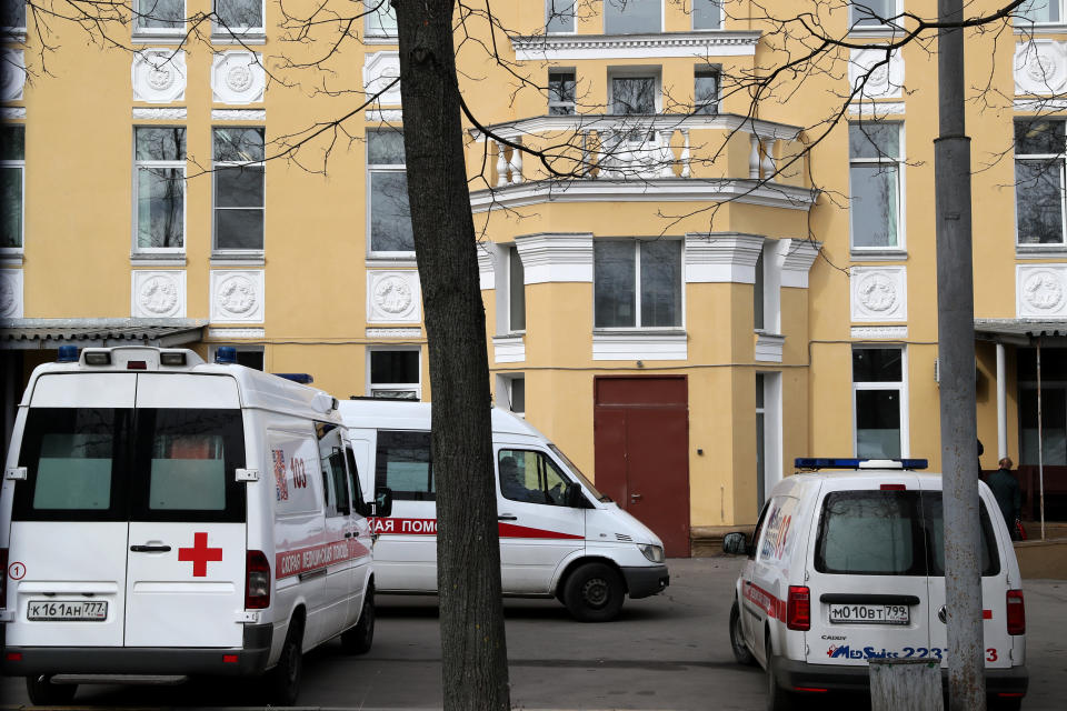 MOSCOW, RUSSIA - MARCH 19, 2020: Ambulance vehicles at Infectious Diseases Hospital 2 where a 79-year-old woman with underlying health issues infected with the novel coronavirus has died from pneumonia. Alexander Shcherbak/TASS (Photo by Alexander Shcherbak\TASS via Getty Images)