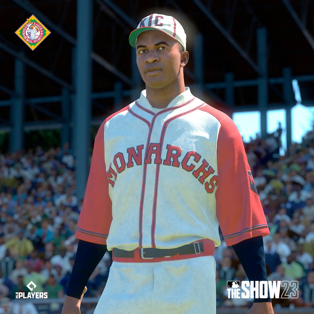 This image released by Sony Interactive Entertainment shows a digital rendering of Jackie Robinson as a member of the Kansas City Monarchs from the game MLB The Show 23. The franchise has inserted some of the greatest Negro League players into the 2023 edition of the game as playable characters. (Sony Interactive Entertainment via AP)