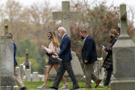 Democratic presidential candidate former Vice President Joe Biden leaves St. Joseph On the Brandywine Roman Catholic Church with his granddaughters Natalie Biden, left, and Finnegan Biden, right, Sunday, Oct. 25, 2020, in Wilmington, Del. (AP Photo/Andrew Harnik)