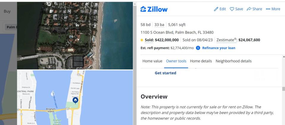 A screenshot taken on the morning for Aug. 25 shows the listing on Zillow.com reporting a $422 million sale of former President Donald Trump's Mar-a-Lago Club, 1100 S. Ocean Blvd., Palm Beach. The information about that sale had been deleted by 12:15 p.m. the same day.