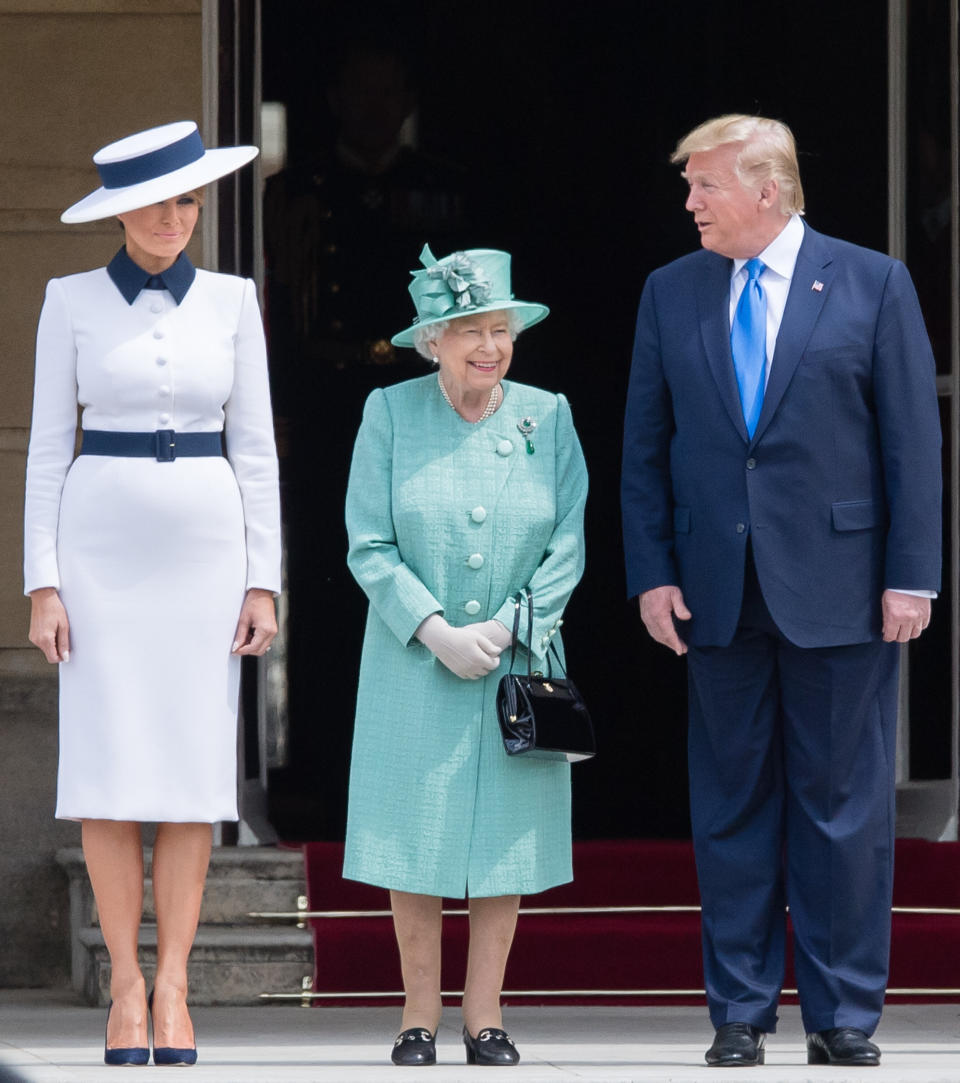 LONDON, ENGLAND - JUNE 03:  Queen Elizabeth II officially welcomes US President Donald Trump and First Lady Melania Trump (L) at a Ceremonial Welcome at Buckingham Palace on June 03, 2019 in London, England. (Photo by Samir Hussein/Samir Hussein/WireImage)