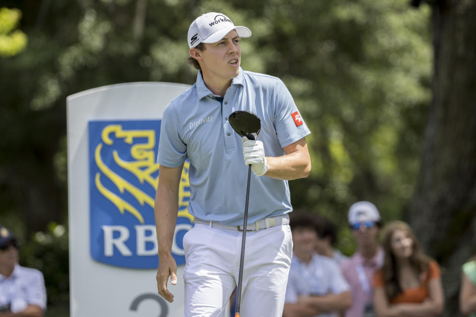 Matt Fitzpatrick, of England, watches his drive off the third tee during the final round of the RBC Heritage golf tournament, Sunday, April 16, 2023, in Hilton Head Island, S.C. (AP Photo/Stephen B. Morton)