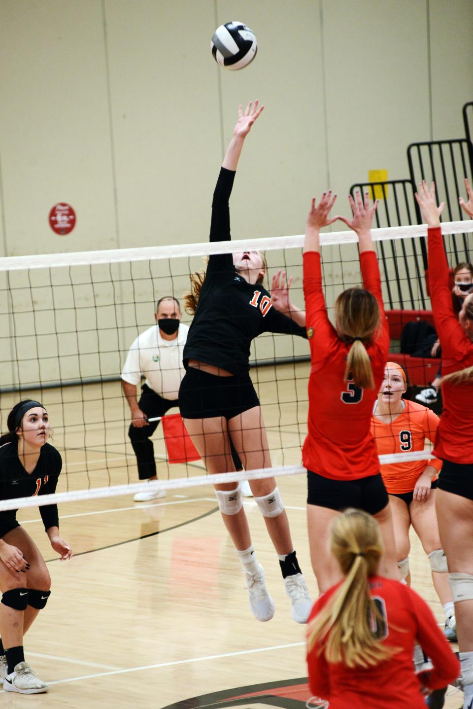 Jerilynn Koehler reaches high for the ball during New Lexington's Division III sectional tournament loss against host Albany Alexander on Wednesday.