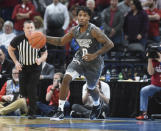 Mississippi State guard Nick Weatherspoon pushes down the court during the second half of an NCAA college basketball game against Oklahoma in Oklahoma City, Saturday, Jan. 25, 2020. (AP Photo/Kyle Phillips)