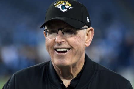 FILE PHOTO: Dec 6, 2018; Nashville, TN, Jacksonville Jaguars executive vice president of football operations Tom Coughlin looks on before a game aTennessee Titans at Nissan Stadium. Mandatory Credit: Kirby Lee-USA TODAY Sports