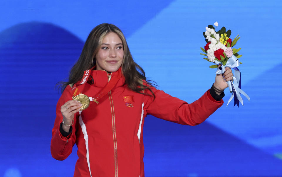 Eileen Gu, pictured here after winning gold in the freestyle skiing Big Air event at the Winter Olympics.