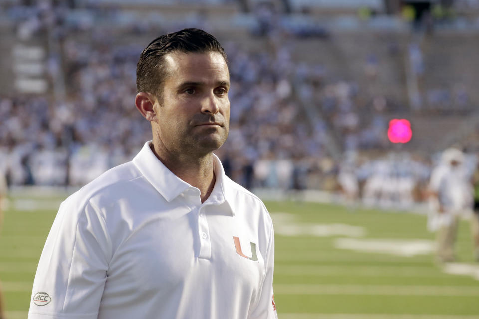 Miami head coach Manny Diaz before the start of an NCAA college football game against North Carolina in Chapel Hill, N.C., Saturday, Sept. 7, 2019. (AP Photo/Chris Seward)