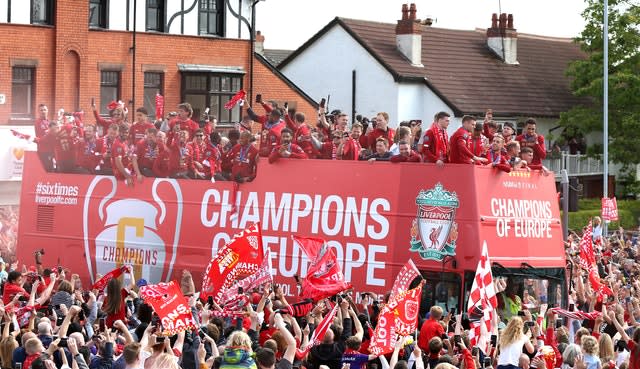 The parade bus passes through Liverpool 