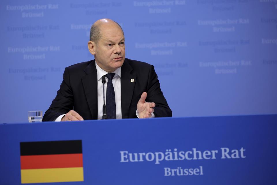 Germany's Chancellor Olaf Scholz speaks during a media conference at an EU summit in Brussels, Friday, Oct. 21, 2022. European Union leaders gathered Friday to take stock of their support for Ukraine after President Volodymyr Zelenskyy warned that Russia is trying to spark a refugee exodus by destroying his war-ravaged country's energy infrastructure. (AP Photo/Olivier Matthys)