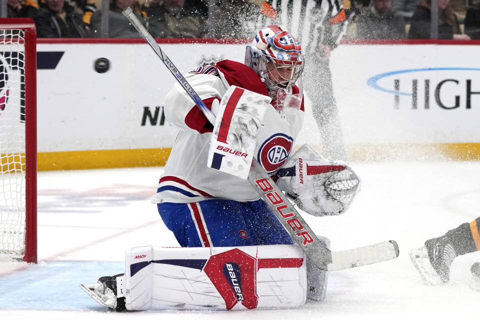 A shot by Pittsburgh Penguins' Drew O'Connor gets past Montreal Canadiens goaltender Cayden Primeau for a goal during the second period of an NHL hockey game in Pittsburgh, Thursday, Feb. 22, 2024. (AP Photo/Gene J. Puskar)