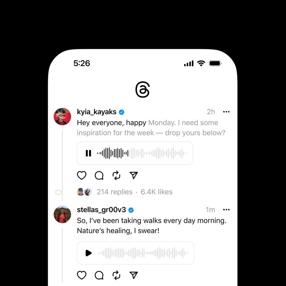 Captura de pantalla de Threads que muestra la función y la transcripción de las notas de voz.