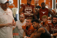 Texas Longhorns quarterback Sam Ehlinger #11 and teammates listen to head coach Tom Herman speak after the game against LSU Saturday Sept. 7, 2019 at Darrell K Royal-Texas Memorial Stadium in Austin, Tx. LSU won 45-38. ( Photo by Edward A. Ornelas )