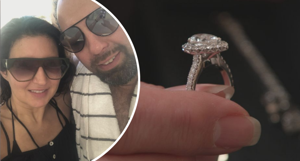 Insert of Constantinos Hatzis and Anastasia Soulios next to engagement ring