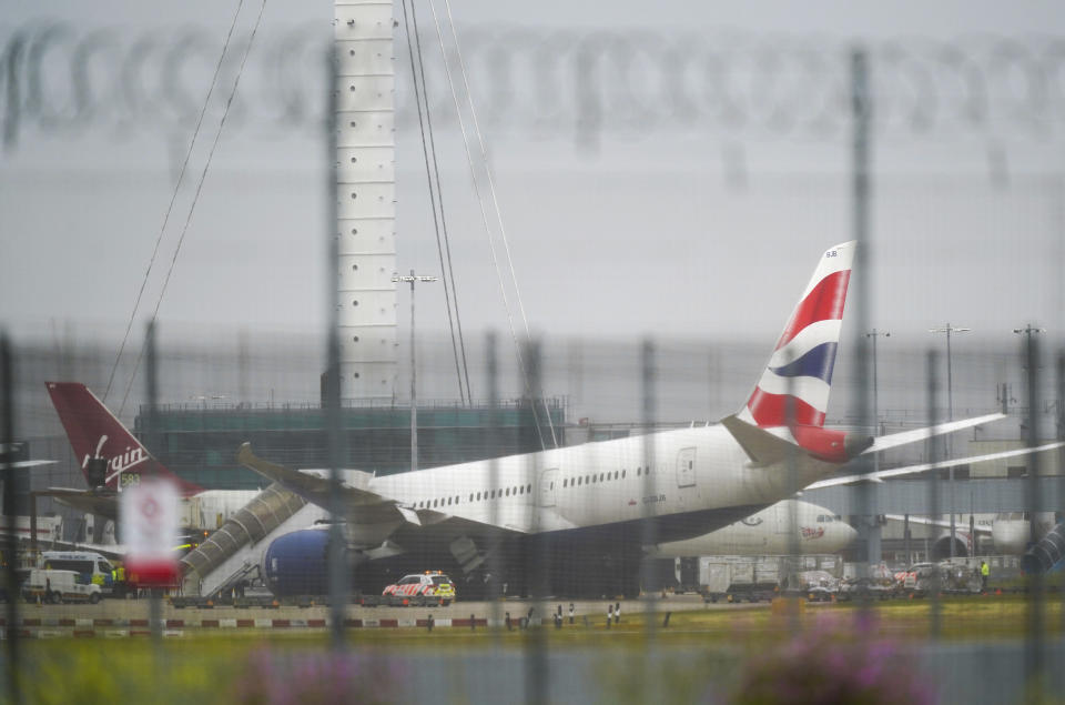 <p>A British Airways plane at Heathrow airport in west London which has been damaged after tipping on to its nose. Picture date: Friday June 18, 2021.</p>
