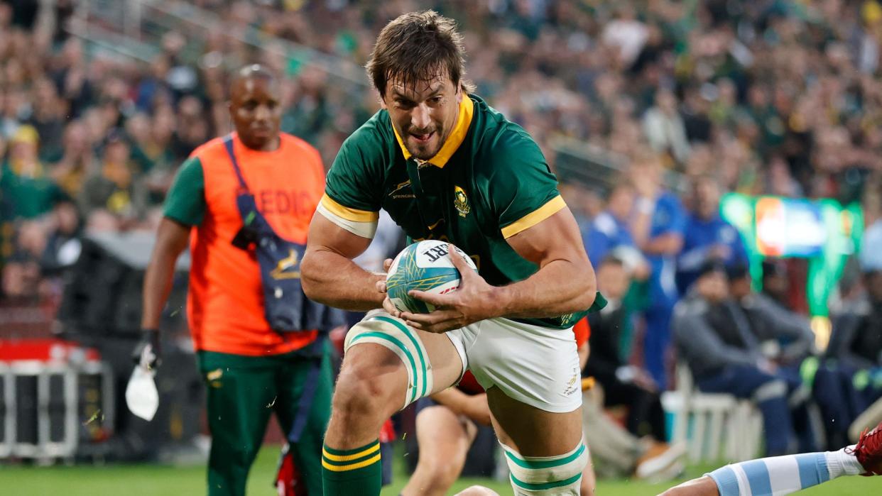  South Africa's lock Eben Etzebeth runs to score a try ahead of the Wales vs South Africa World Cup Warm-up match. 