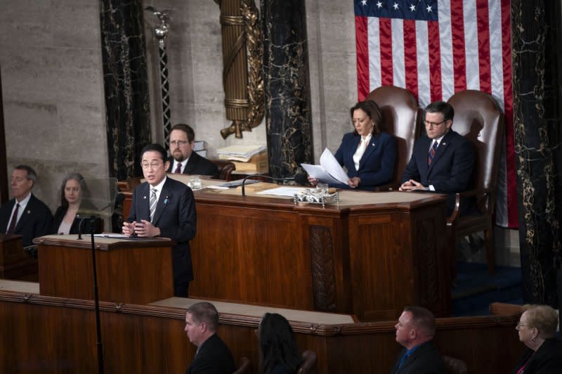 Japanese Prime Minister Fumio Kishida's Thursday speech was the second time a Japanese leader addressed Congress. Former Prime Minister Shinzo Abe was the first in 2015. Photo by Bonnie Cash/UPI