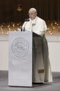 Pope Francis delivers his speech during an Interreligious meeting at the Founder's Memorial in Abu Dhabi, United Arab Emirates, Monday, Feb. 4, 2019. Pope Francis arrived in Abu Dhabi on Sunday. His visit represents the first papal trip ever to the Arabian Peninsula, the birthplace of Islam. (AP Photo/Andrew Medichini)