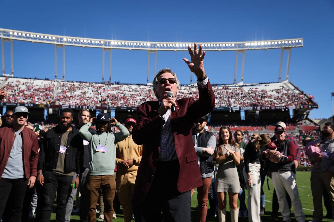 Former South Carolina coach Steve Spurrier speaks during halftime of the Gamecocks’ game at Williams-Brice Stadium in Columbia on Saturday, November 4, 2023.