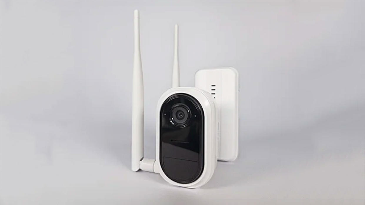  Abode Edge Wi-Fi camera with 1.5-mile range on a white background with antenna fitted. 