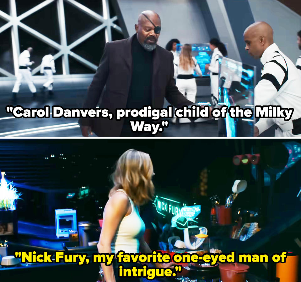 carol greeting him by saying, nick fury my favorite one-eyed man of intrigue