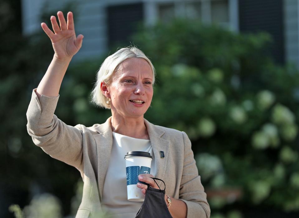 Republican candidate for Indiana's 5th Congressional District Victoria Spartz talks with women at a fundraiser coffee in Carmel, Tuesday, Aug. 25, 2020. She removed her  mask when the people at the outdoor fundraiser were socially distanced.