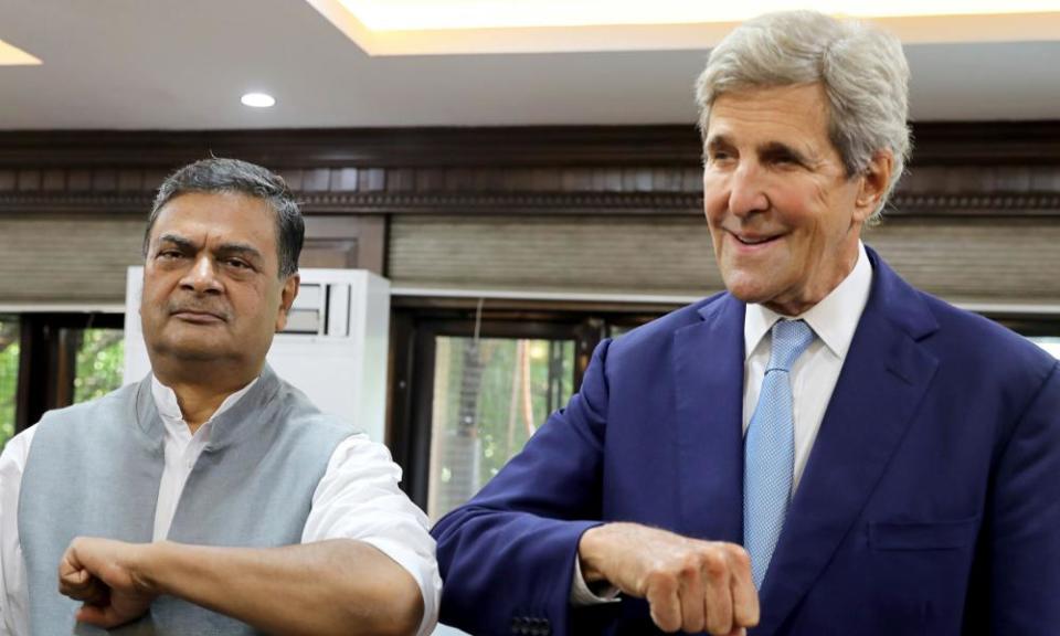 The US special presidential envoy for climate, John Kerry, meets India’s minister of energy, Raj Kumar Singh, in New Delhi ahead of Cop26.