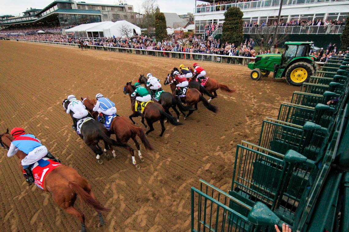 Flightline (4), with Flavien Prat up, breaks from the starting gate and wins the Breeders’ Cup Classic (G1) at Keeneland in Lexington, KY on November 5, 2022.