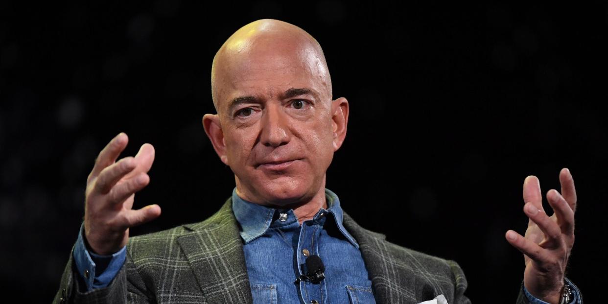 Amazon Founder and CEO Jeff Bezos addresses the audience during a keynote session at the Amazon Re:MARS conference on robotics and artificial intelligence at the Aria Hotel in Las Vegas, Nevada on June 6, 2019.