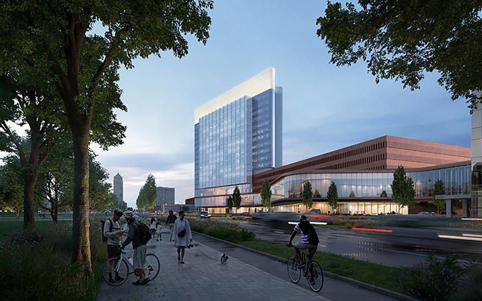 A rendering of a new Detroit medical campus part of the Henry Ford Health system. The health system plans to build a new hospital tower across from existing Henry Ford Hospital in Detroit. At the same time, Detroit Pistons owner Tom Gores announced plans for a spin-off commercial and residential development.