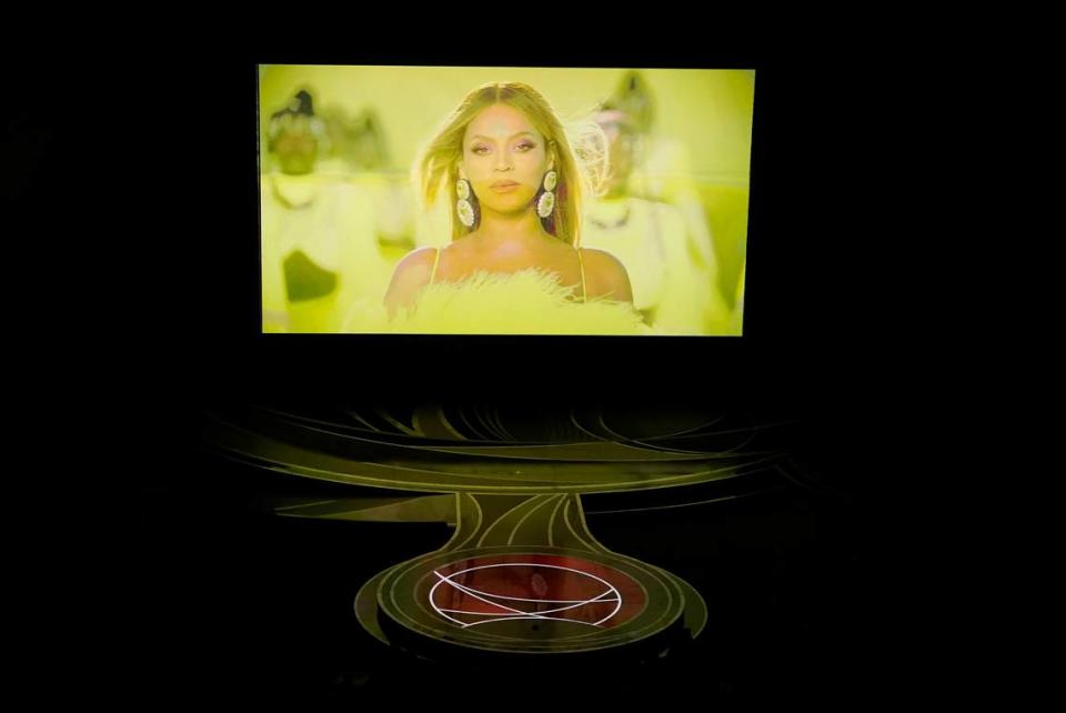 Beyonce appears on screen as she performs the song “Be Alive” from “King Richard” at the Oscars on Sunday, March 27, 2022, at the Dolby Theatre in Los Angeles. (AP Photo/Chris Pizzello)