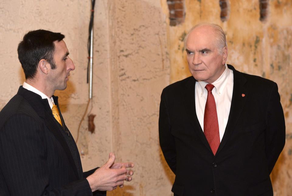 In this 2019 file photo, U.S. Rep. Mike Kelly, at right, a member of the House Ways and Means Committee, talks about the work of the Erie Downtown Development Corp. with the EDDC's former CEO John Persinger. Ways and Means will hold a hearing in Erie on Monday.