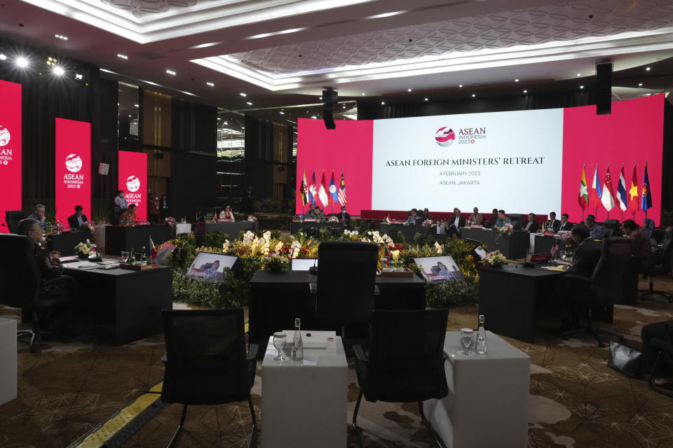 Foreign ministers and delegates attend the plenary session of the ASEAN the Association of Southeast Asian Nations (ASEAN) foreign ministers retreat in Jakarta, Indonesia, Saturday, Feb. 4, 2023. (AP Photo/Achmad Ibrahim)