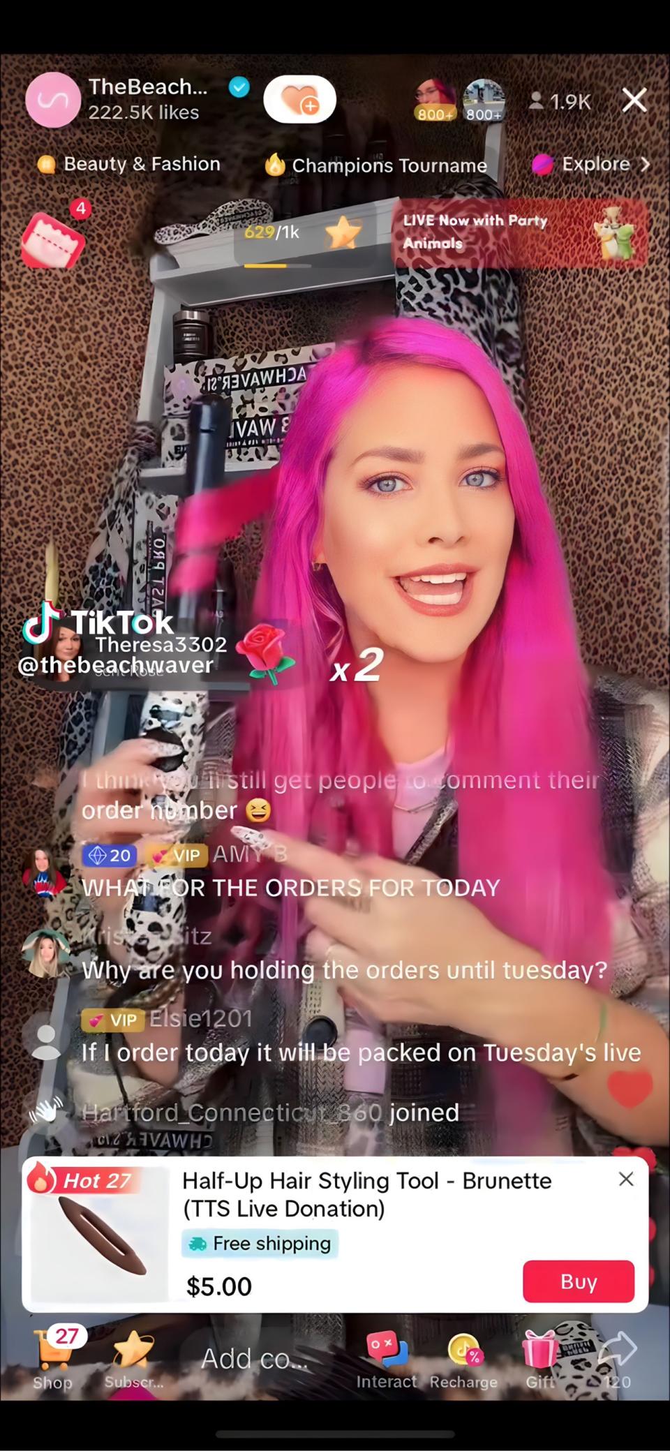 The Beachwaver Co. founder Sarah Potempa hosting a live shopping stream on TikTok Shop.